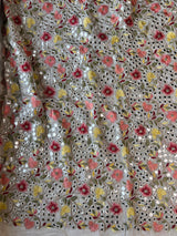 Georgette embroidered fabric with multicolor thread and foil work