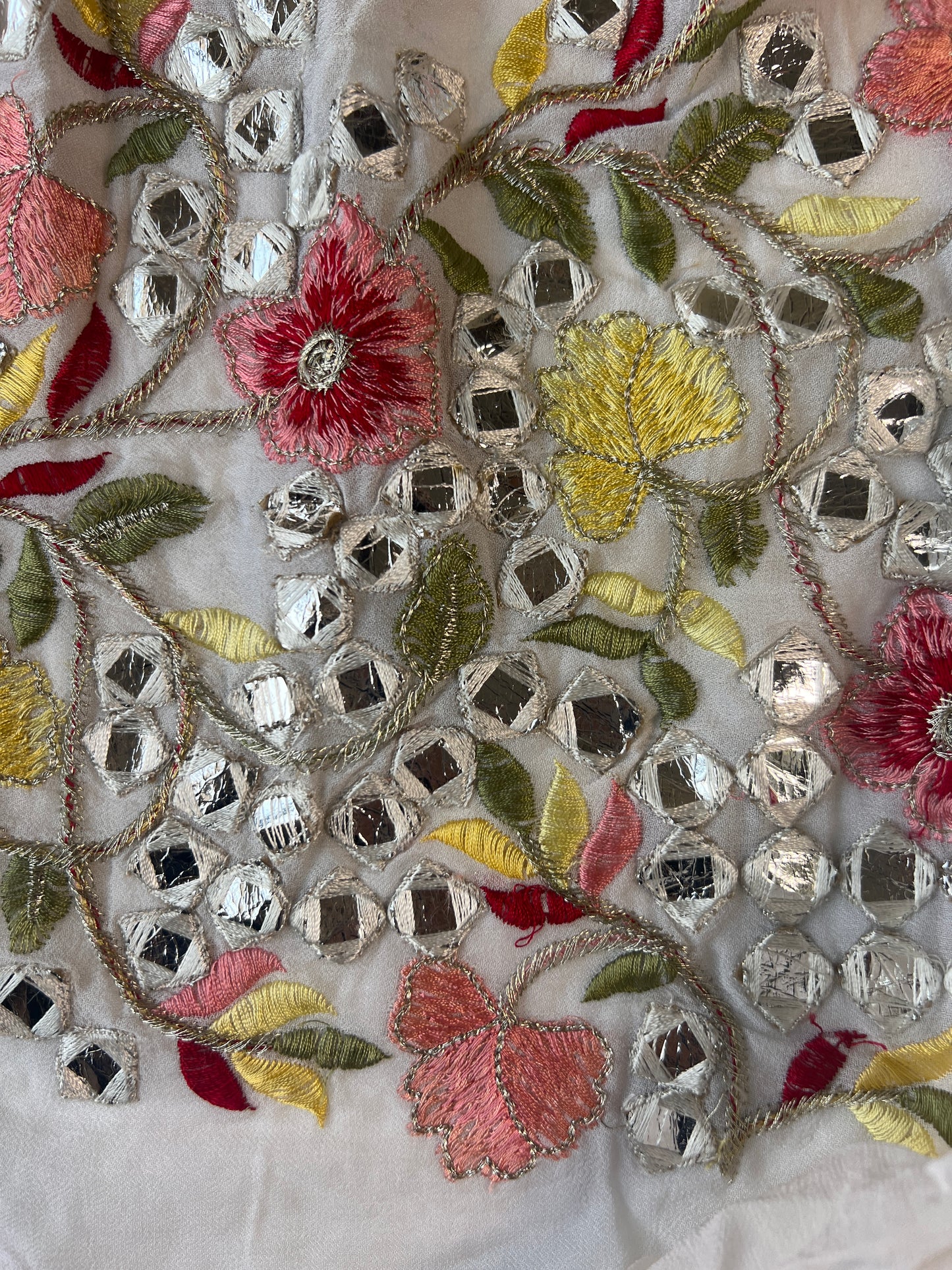 Georgette embroidered fabric with multicolor thread and foil work