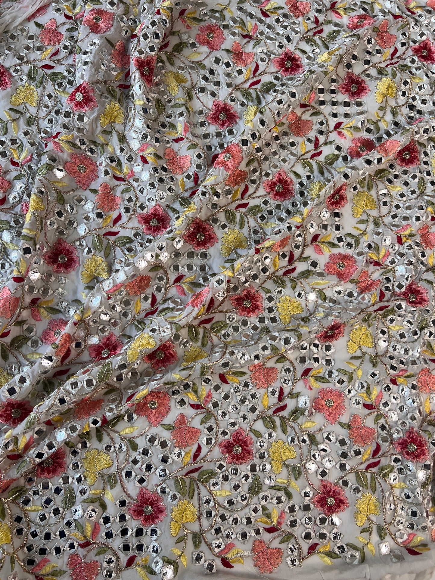 Georgette embroidered fabric with multicolor thread and foil work