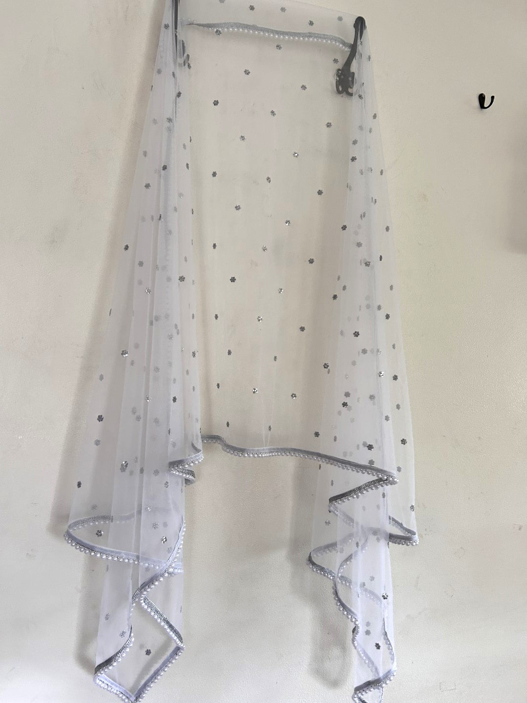 White Net dupatta with white moti border.