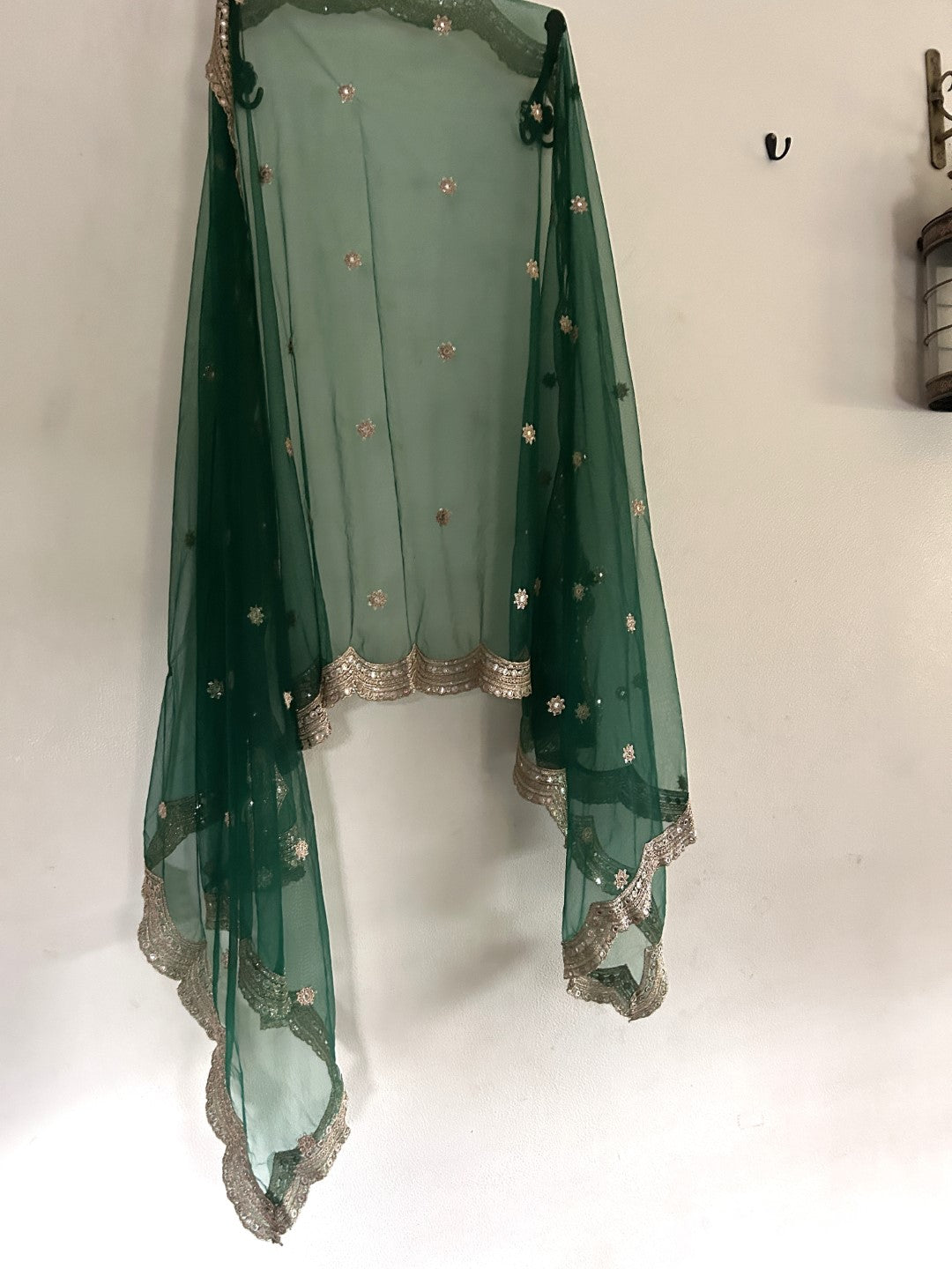 Bottle green net dupatta with scallop border