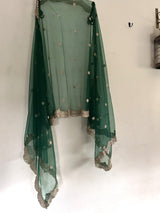 Bottle green net dupatta with scallop border
