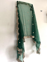 Bottle green net dupatta with scallop border