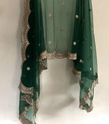 Bottle green net dupatta with scallop border