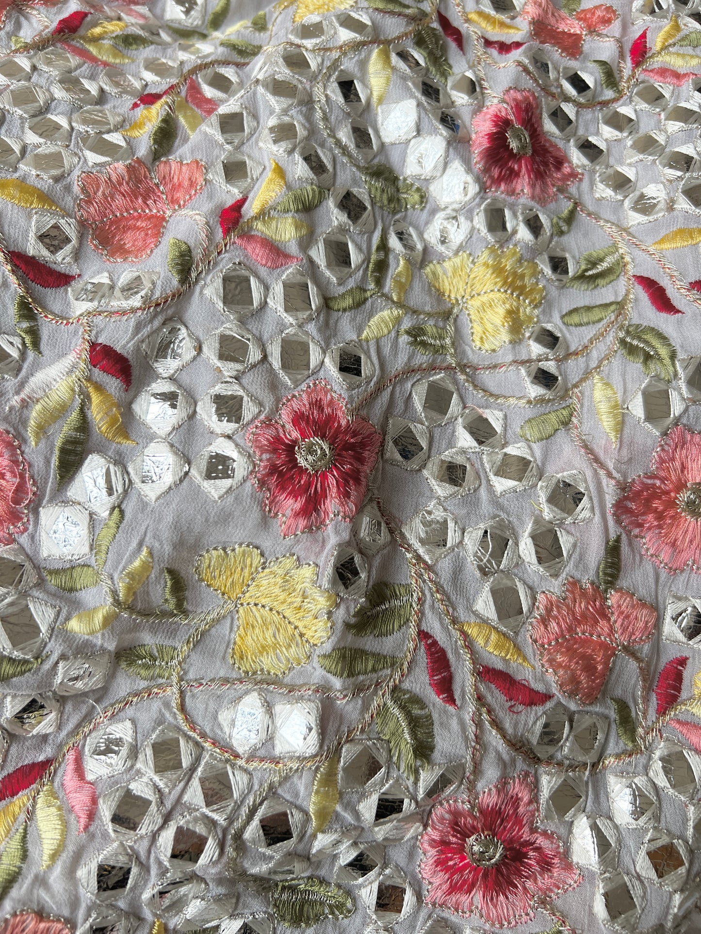 Georgette embroidered fabric with multicolor thread and foil work