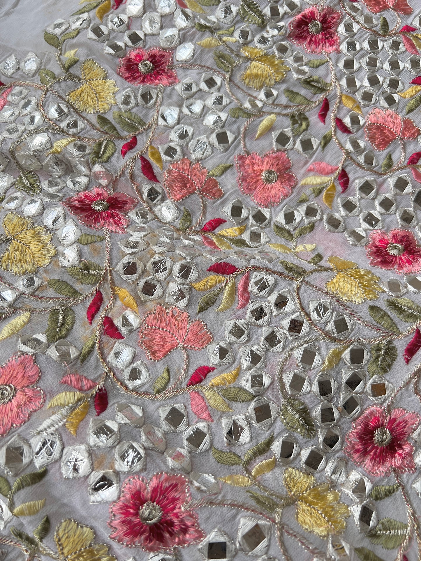 Georgette embroidered fabric with multicolor thread and foil work
