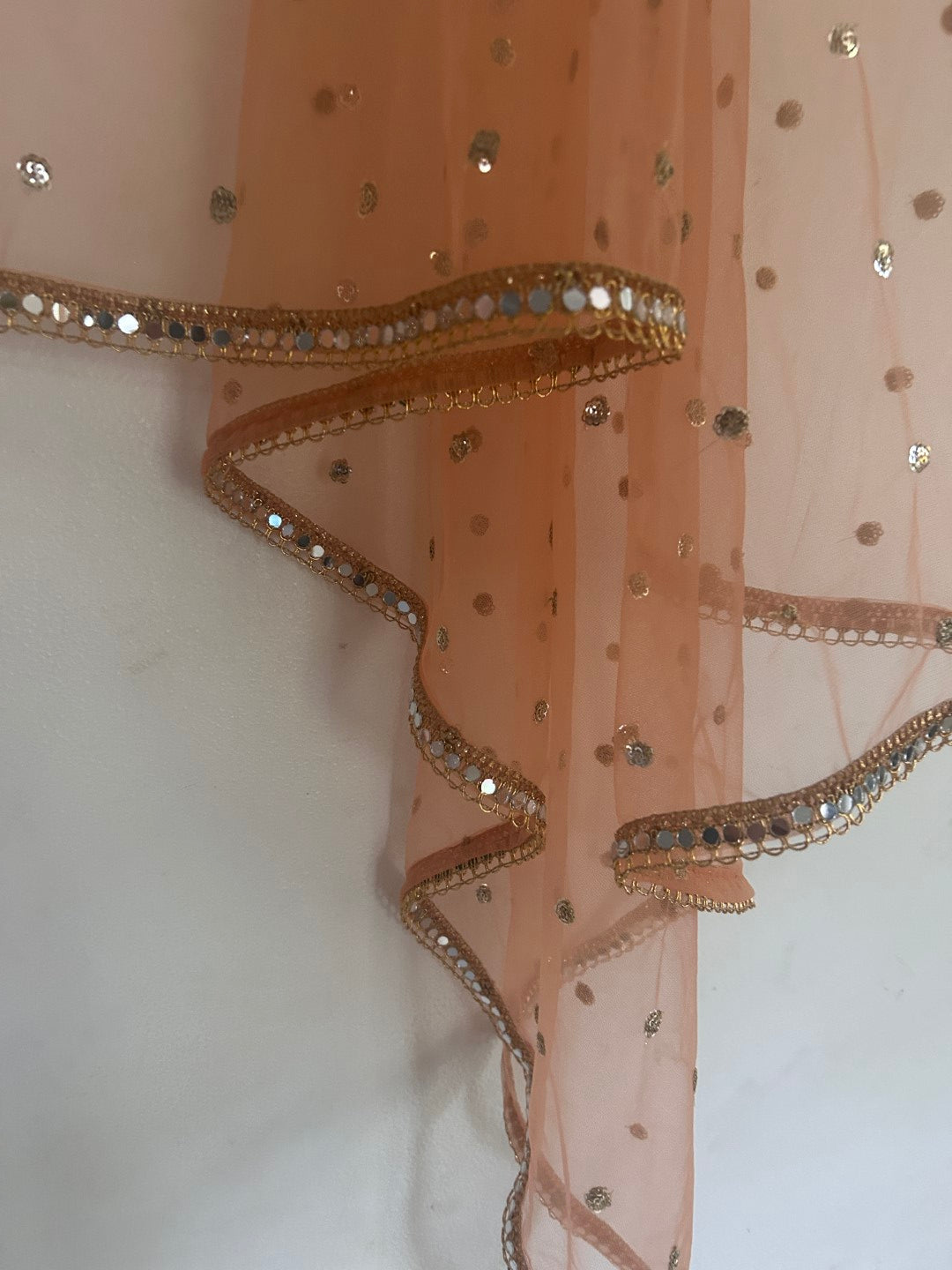 Peach Net dupatta with mirror border