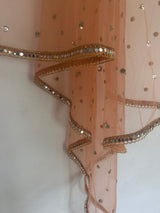 Peach Net dupatta with mirror border