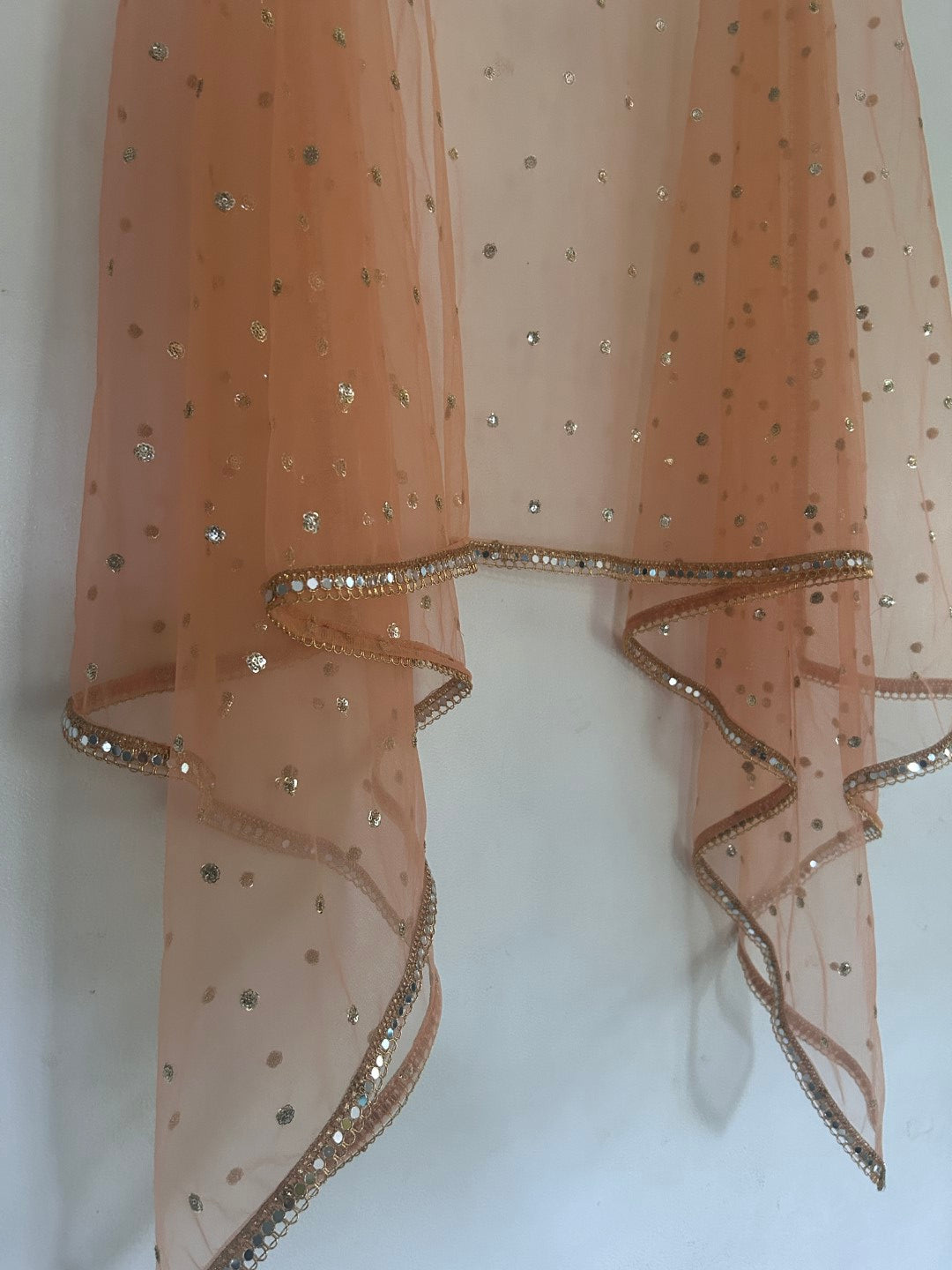 Peach Net dupatta with mirror border