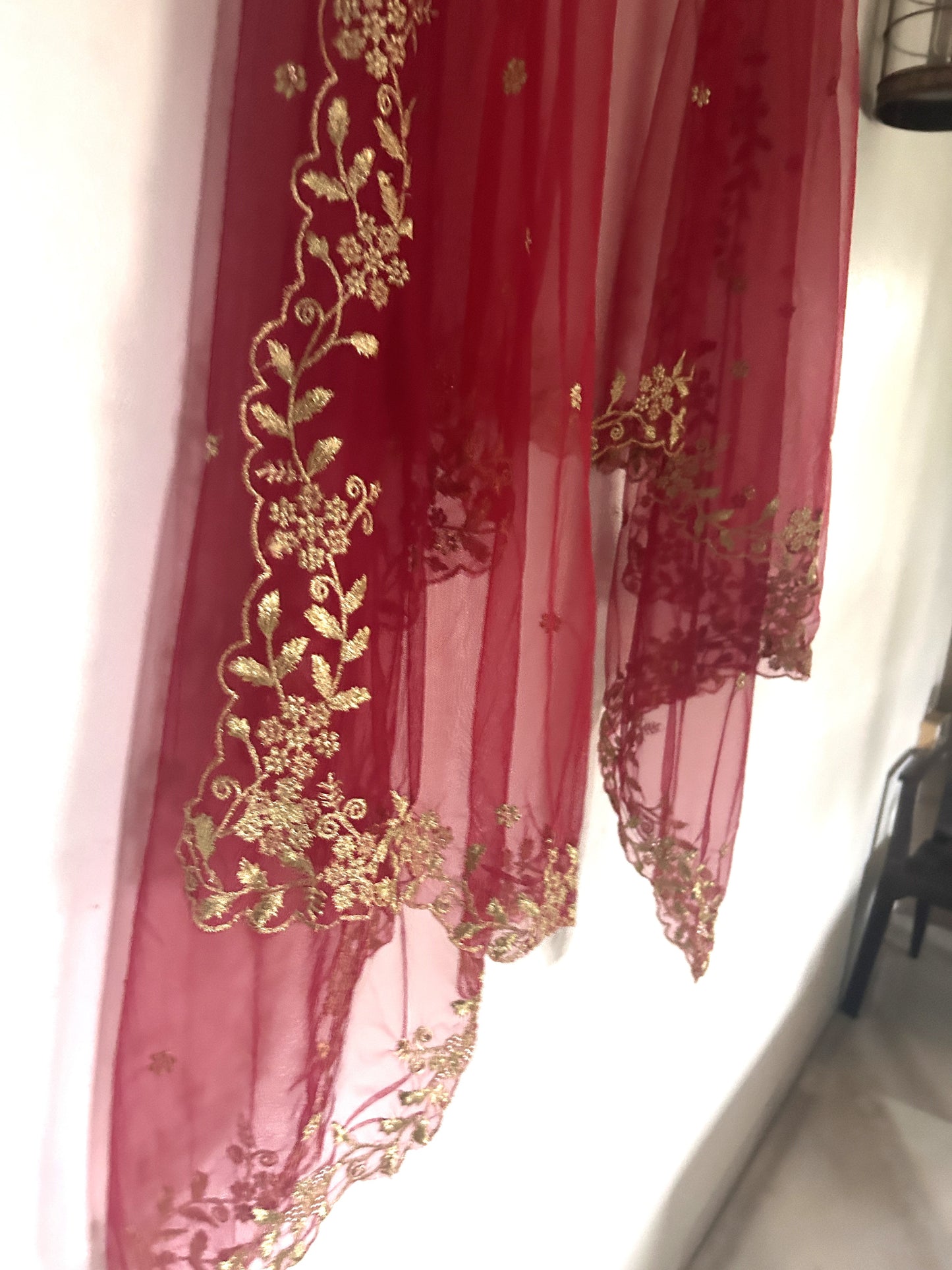 Maroon Net dupatta with scallop border