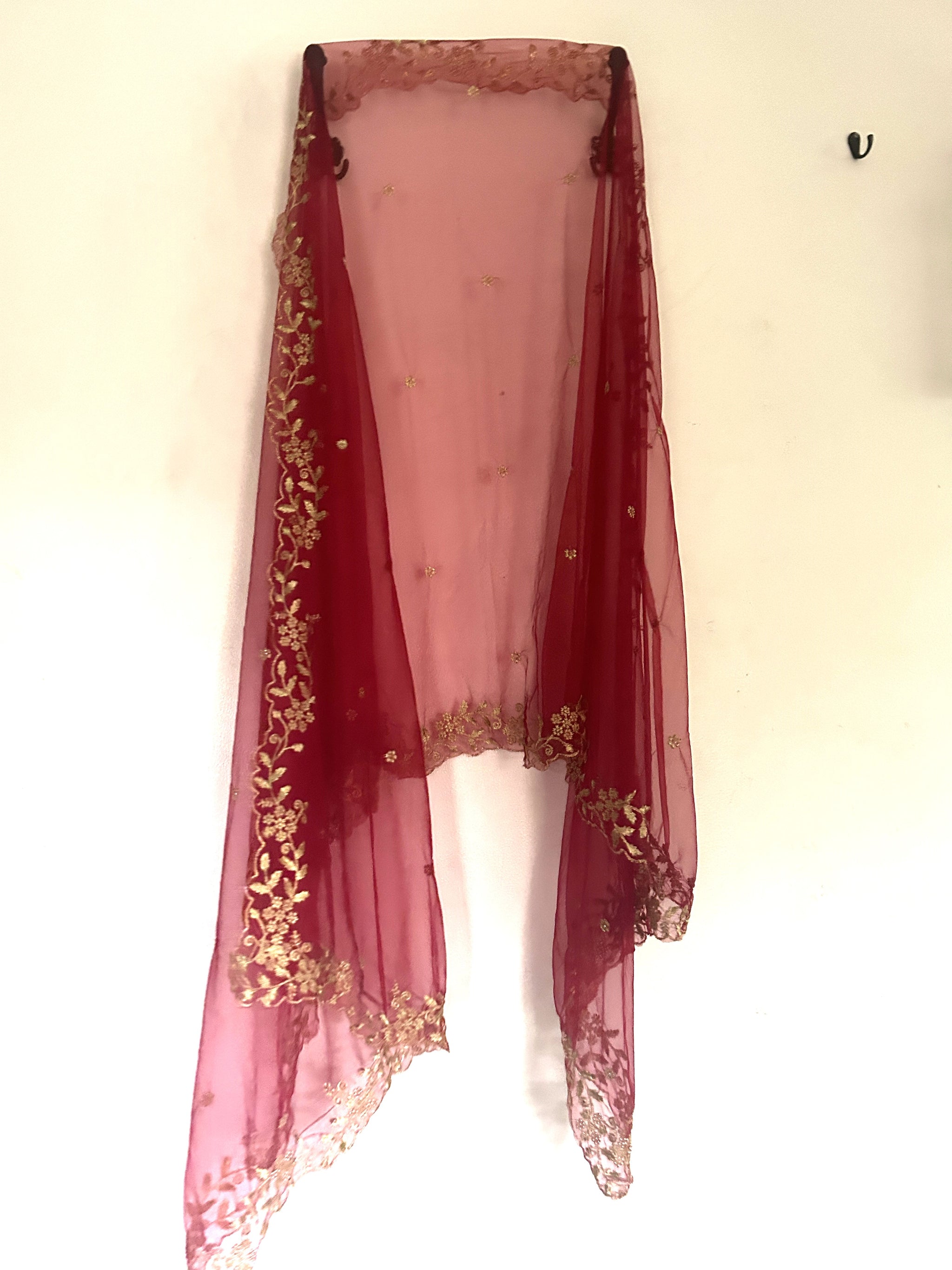 Maroon Net dupatta with scallop border