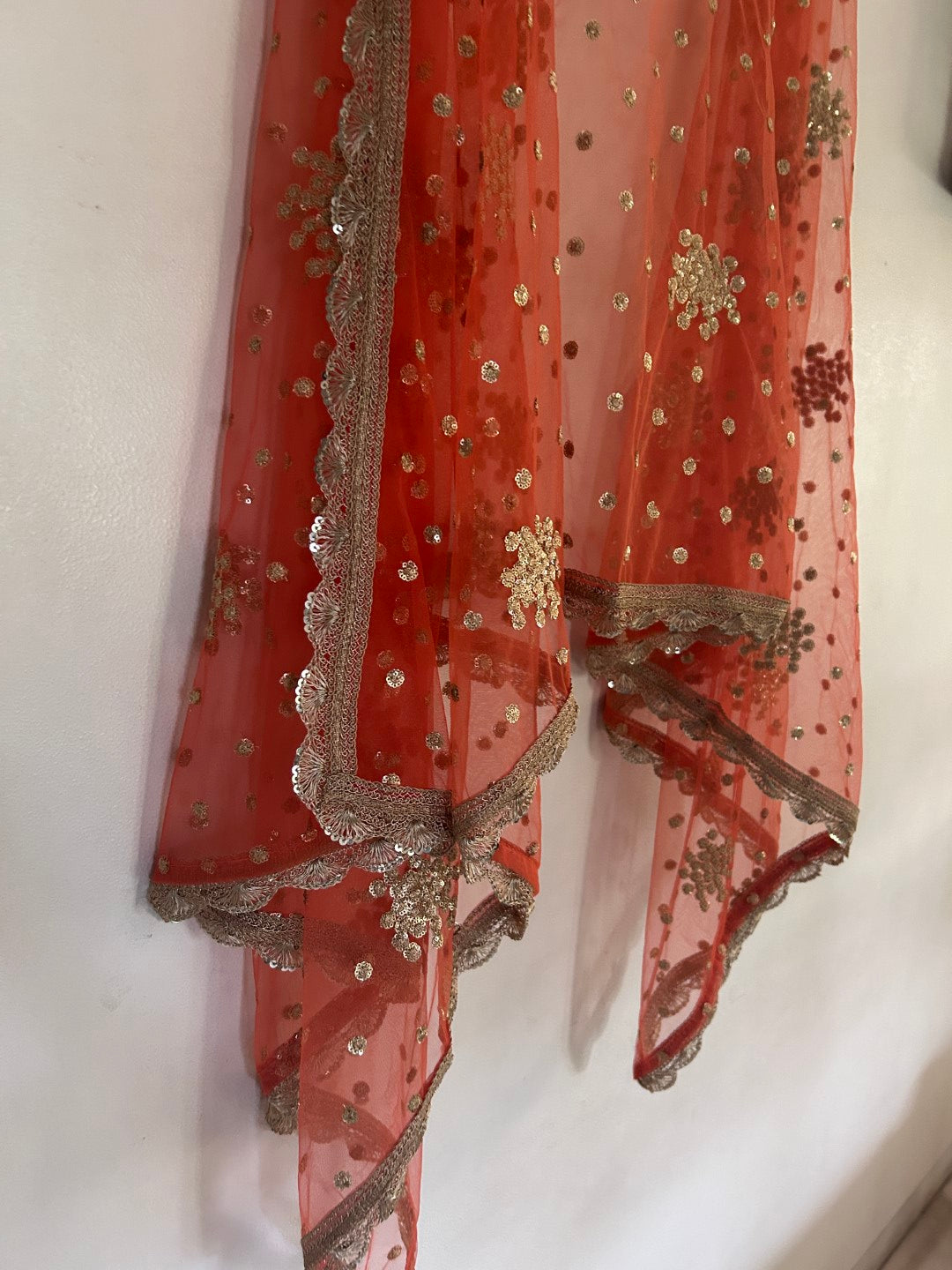 Orange Net dupatta with golden border