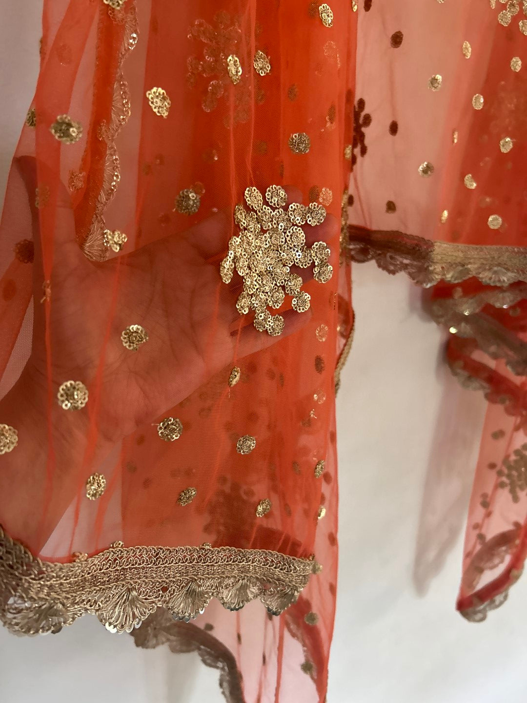 Orange Net dupatta with golden border