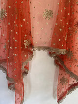 Orange Net dupatta with golden border