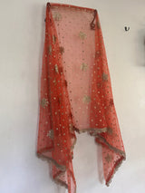 Orange Net dupatta with golden border