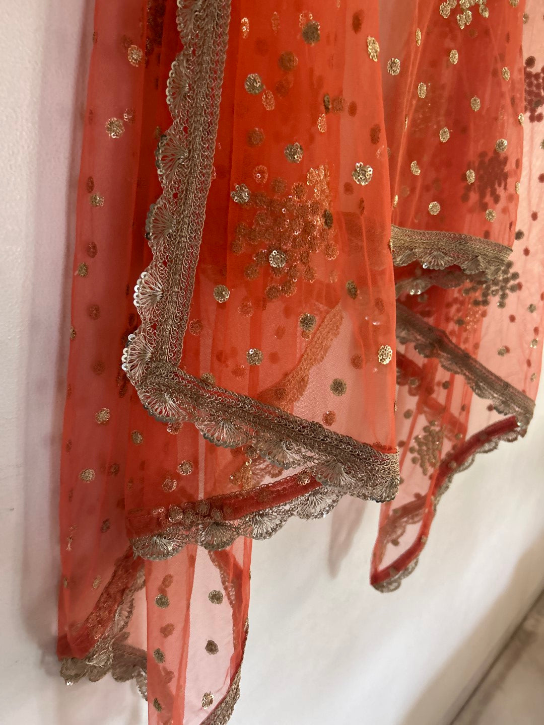 Orange Net dupatta with golden border