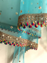 Blue Net dupatta with border. Wedding chunri