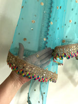 Blue Net dupatta with border. Wedding chunri