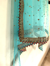 Blue Net dupatta with border. Wedding chunri