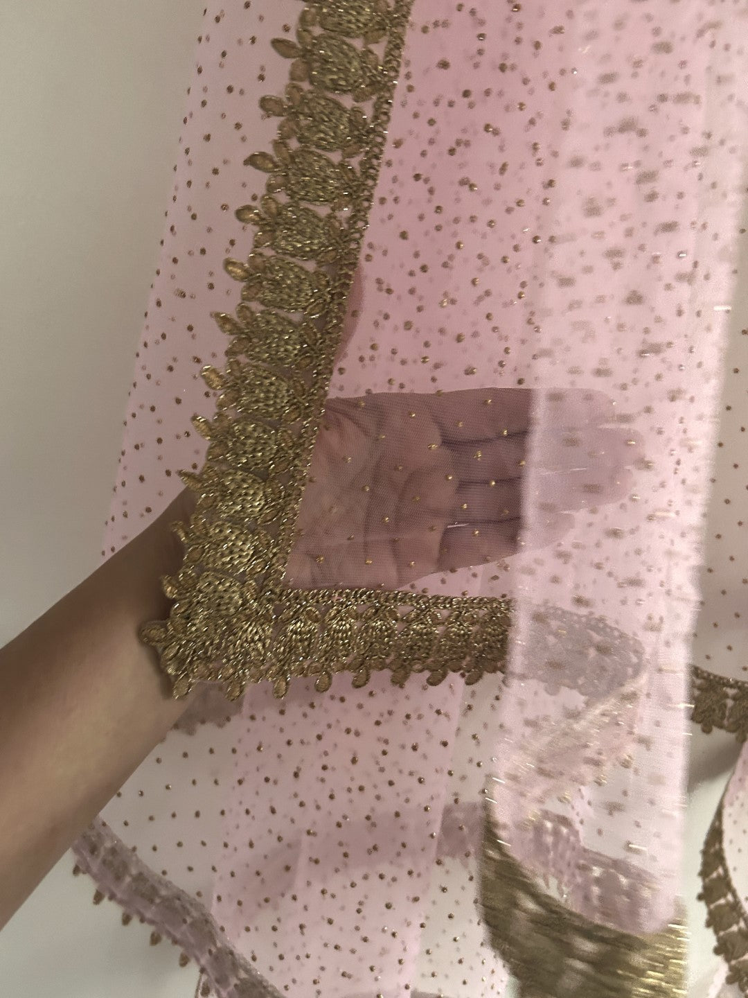 Pink Net dupatta with border. Wedding chunri