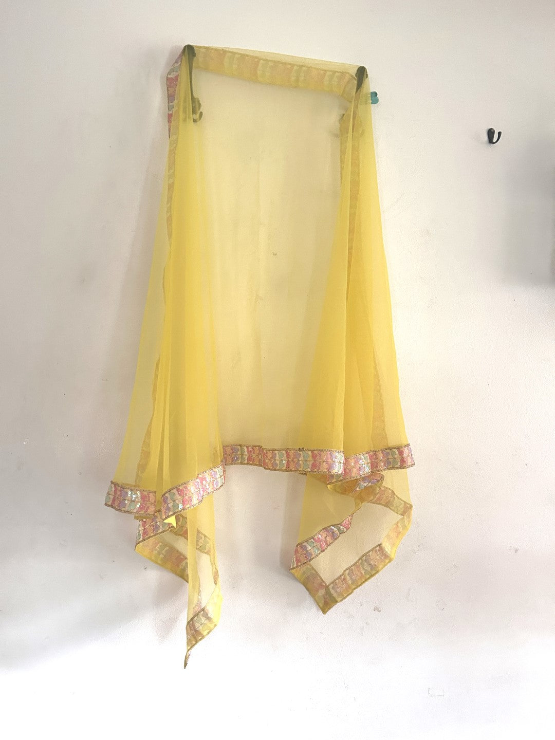 Yellow Net dupatta with multi color border