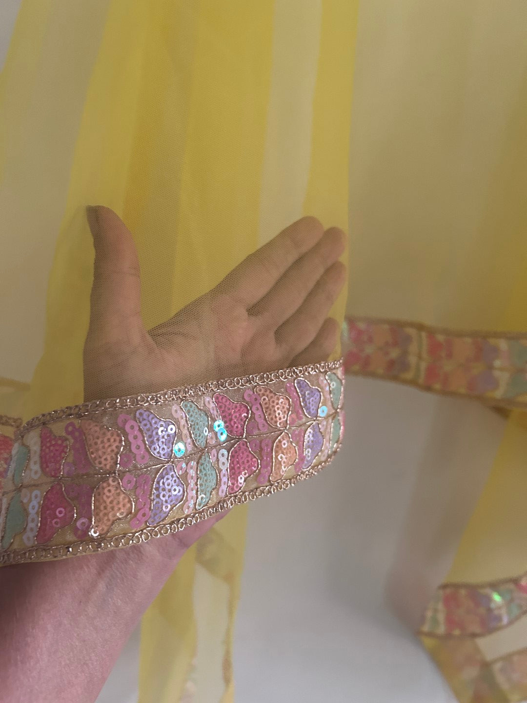 Yellow Net dupatta with multi color border