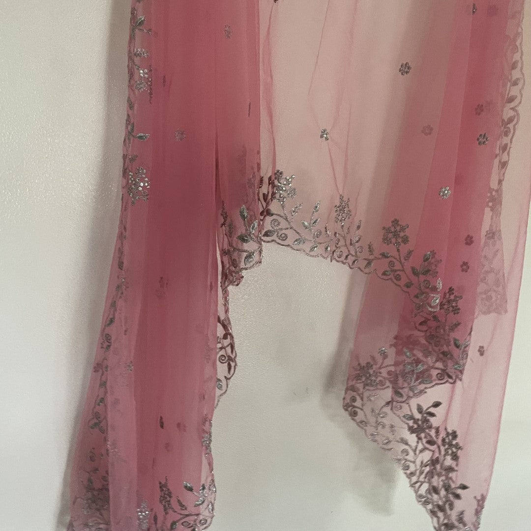 Pink net dupatta with silver embroidery