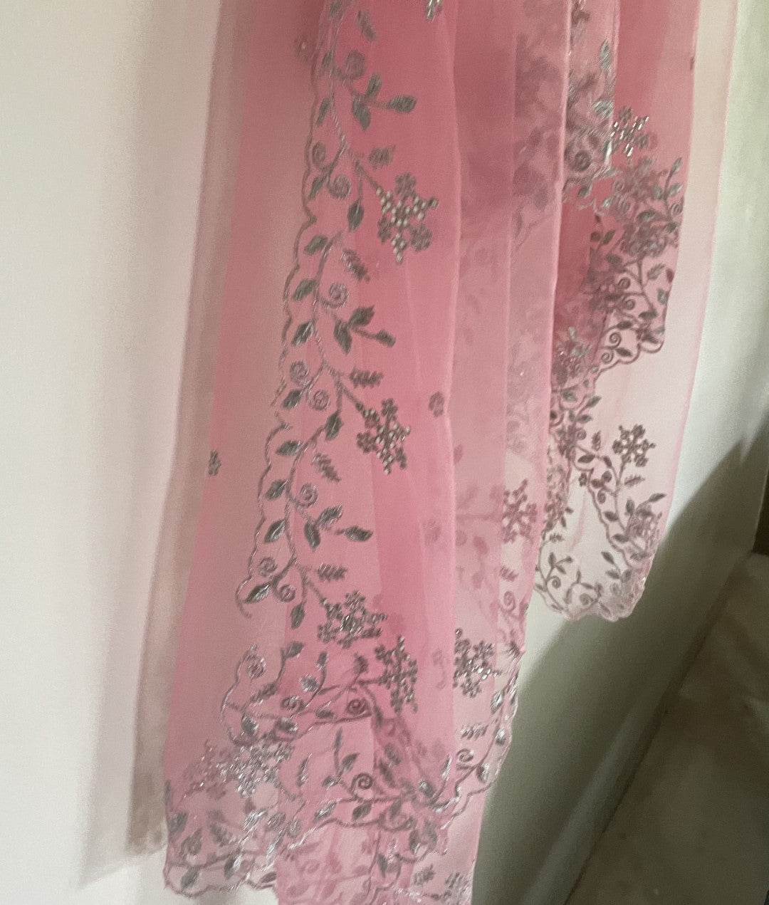 Pink net dupatta with silver embroidery
