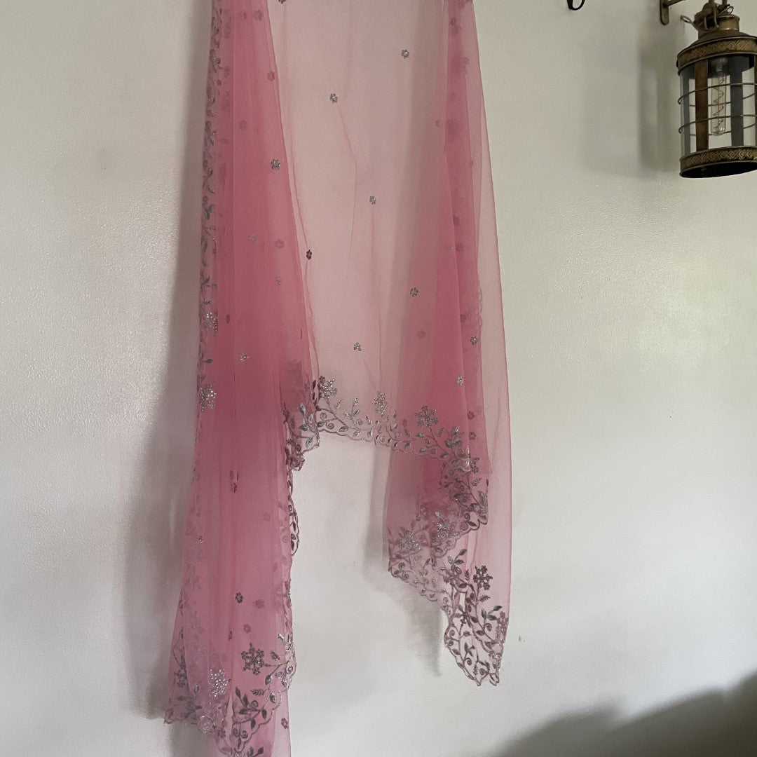 Pink net dupatta with silver embroidery