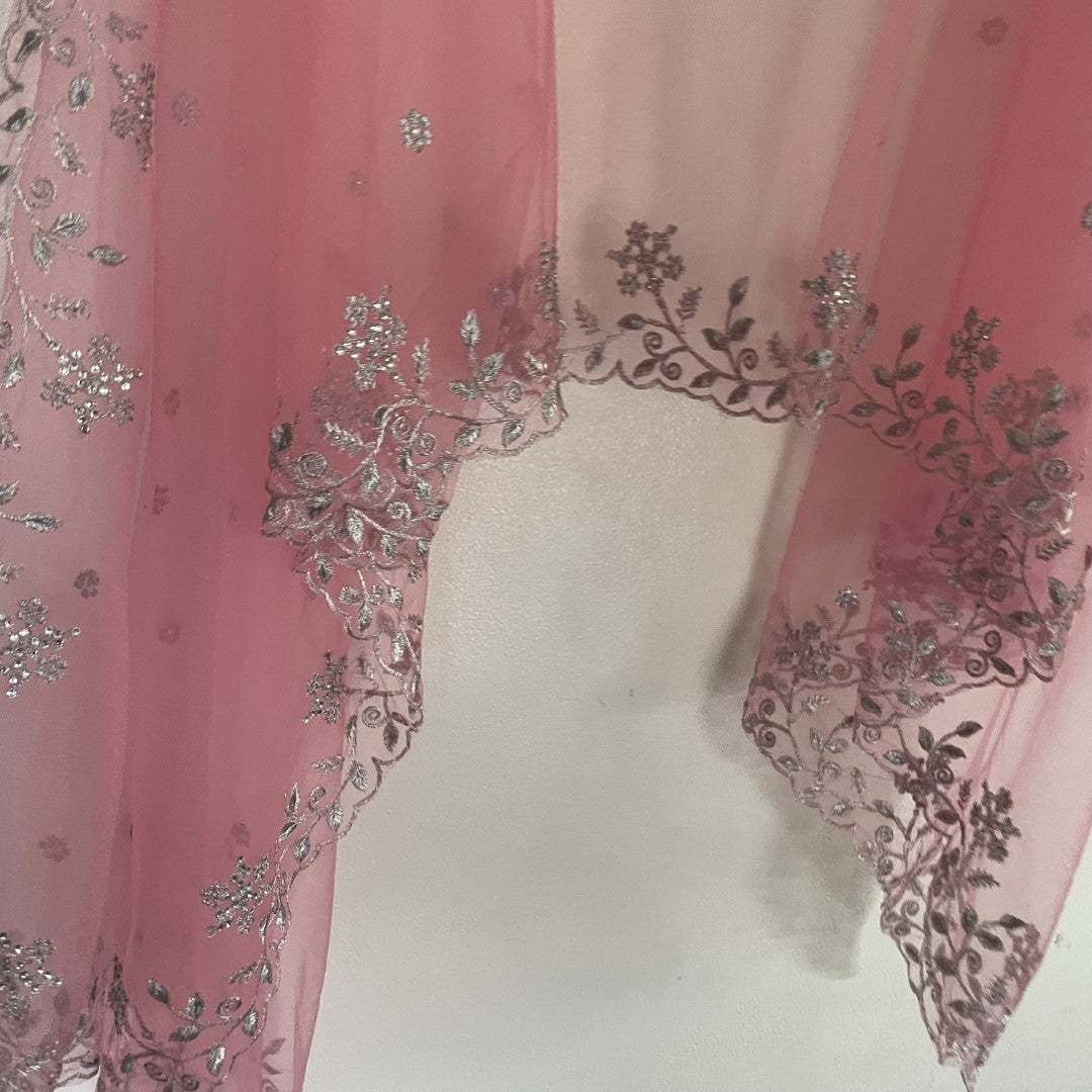 Pink net dupatta with silver embroidery