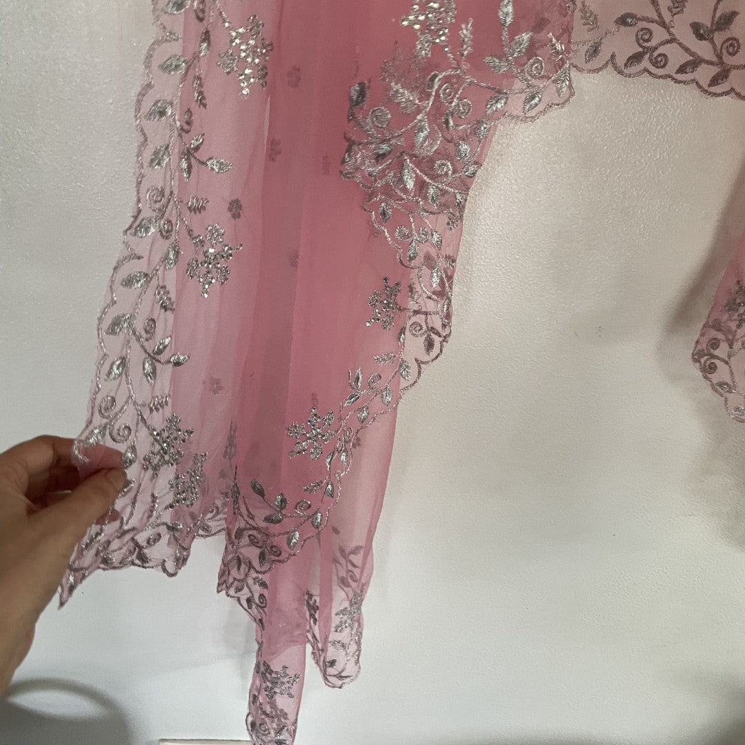 Pink net dupatta with silver embroidery