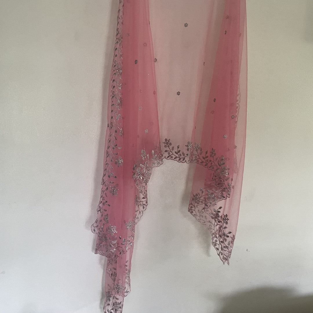Pink net dupatta with silver embroidery