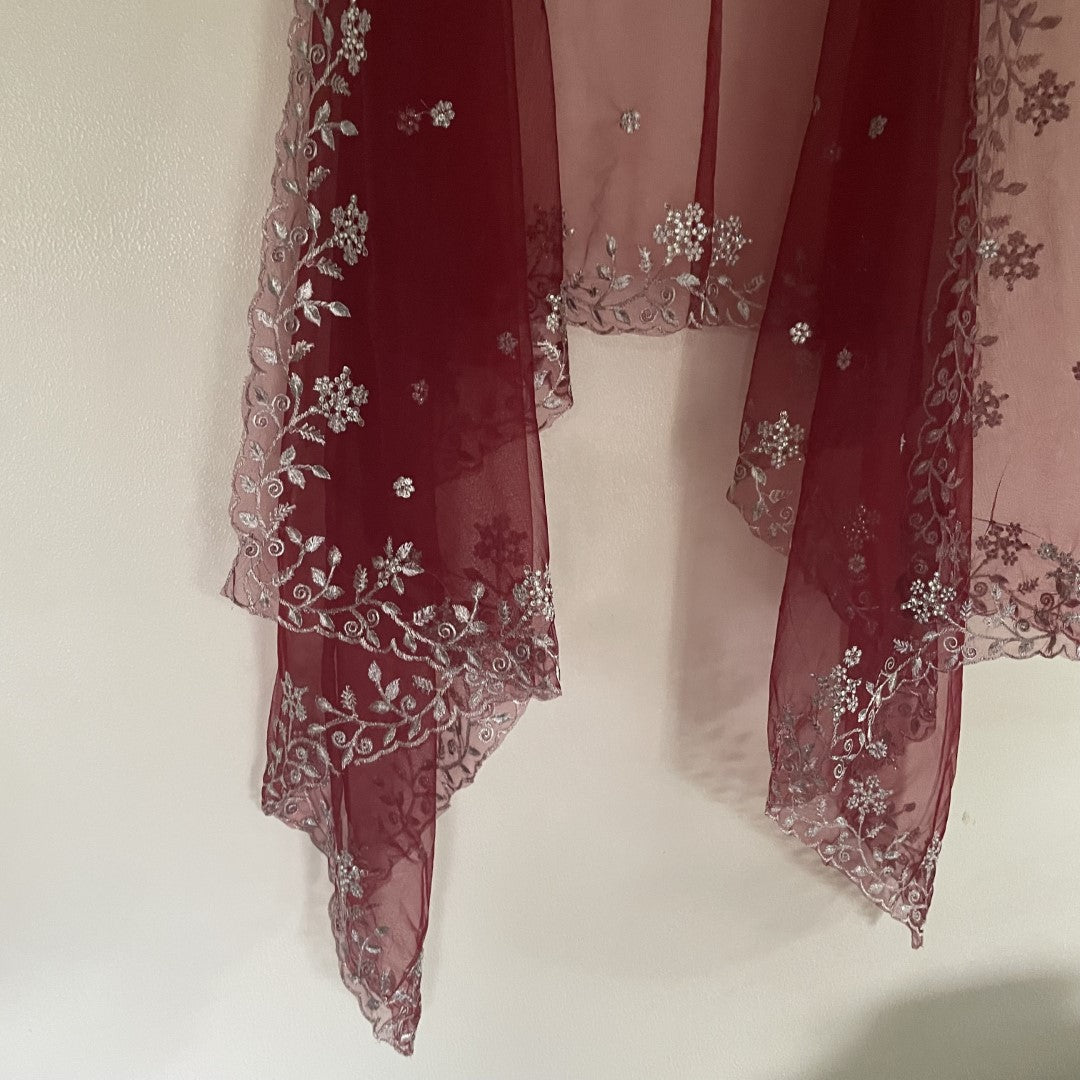 Maroon net dupatta with silver embroidery