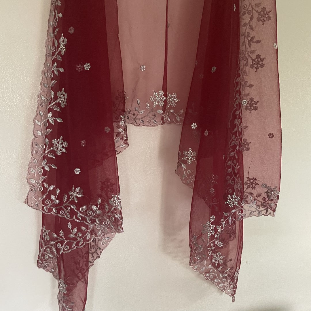 Maroon net dupatta with silver embroidery