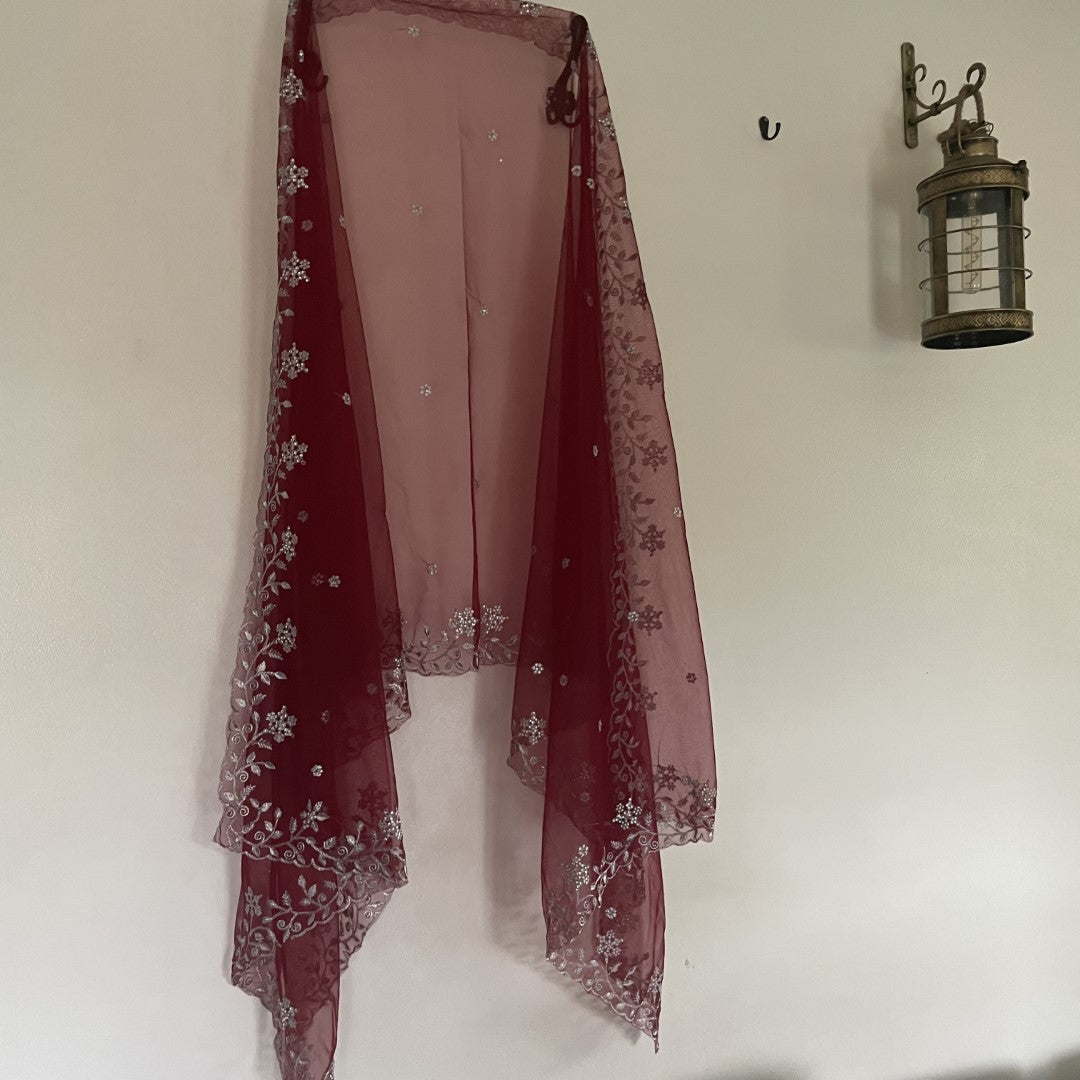 Maroon net dupatta with silver embroidery