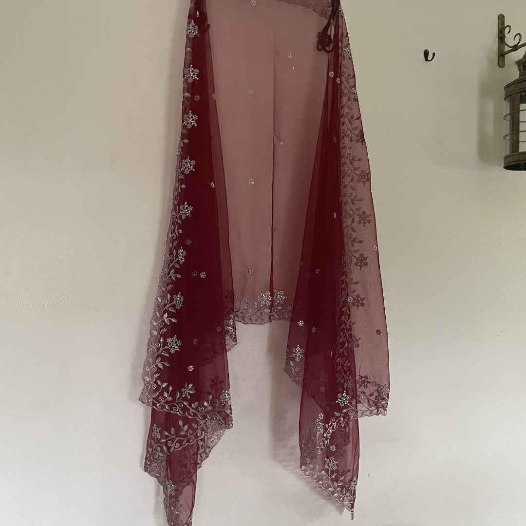 Maroon net dupatta with silver embroidery