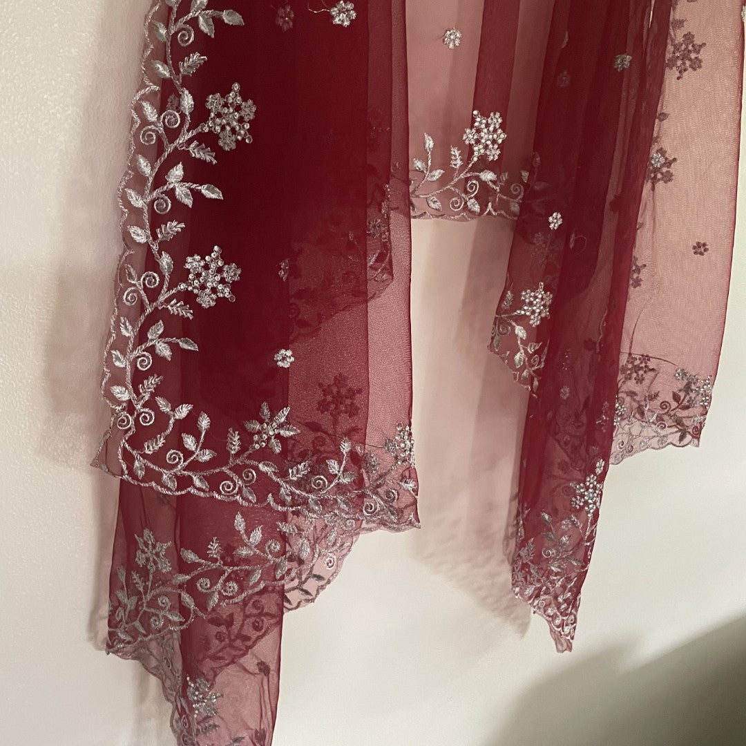 Maroon net dupatta with silver embroidery