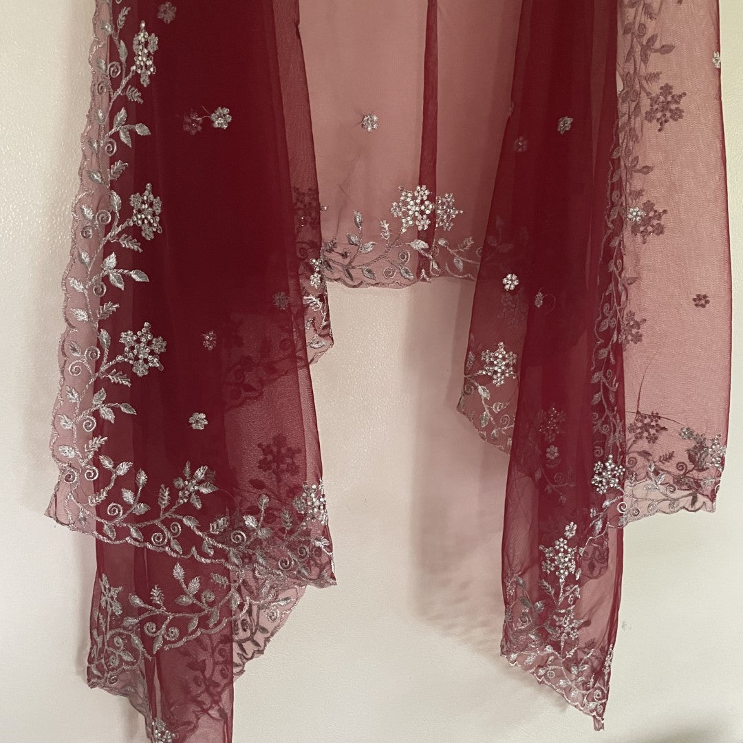 Maroon net dupatta with silver embroidery