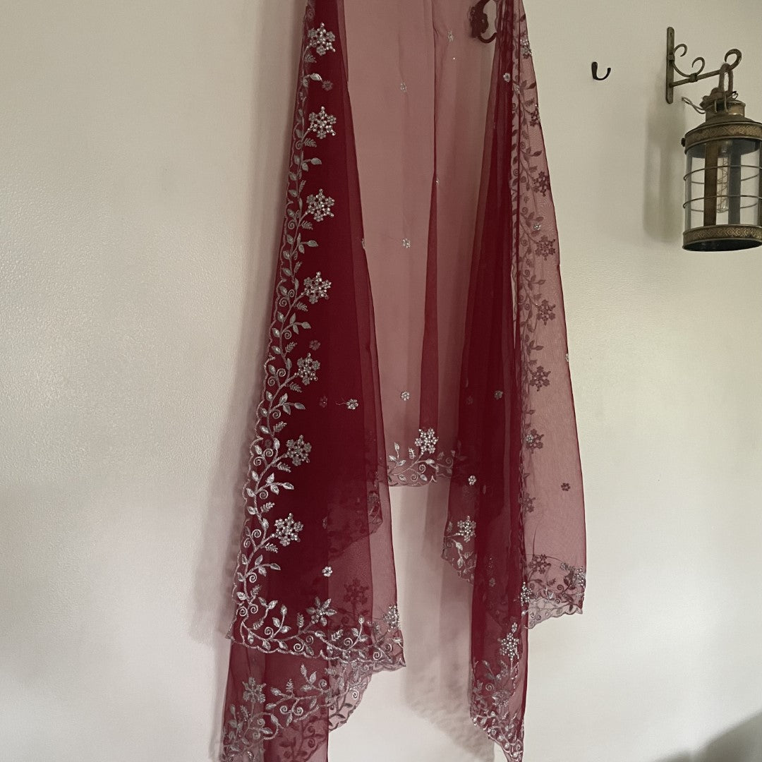 Maroon net dupatta with silver embroidery