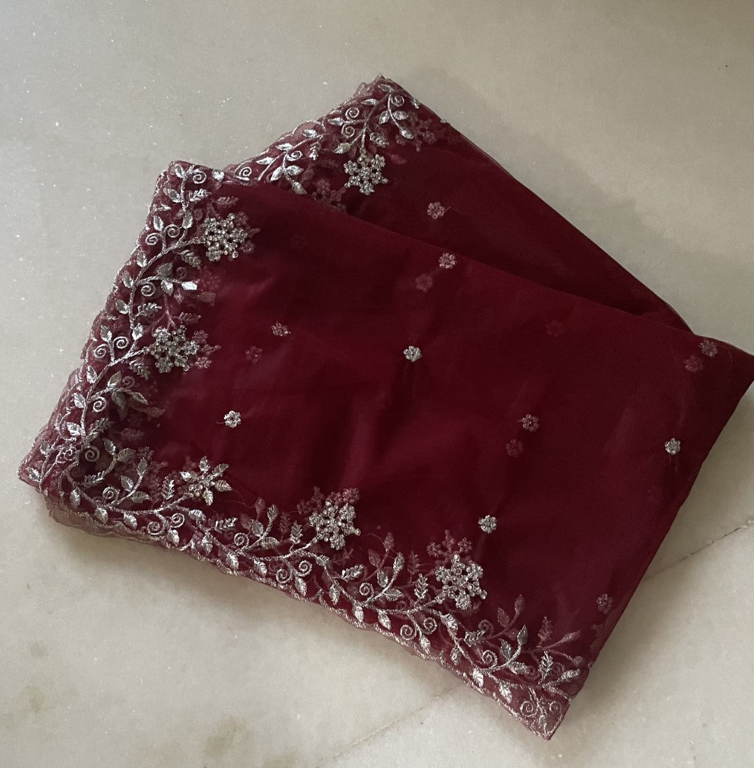 Maroon net dupatta with silver embroidery