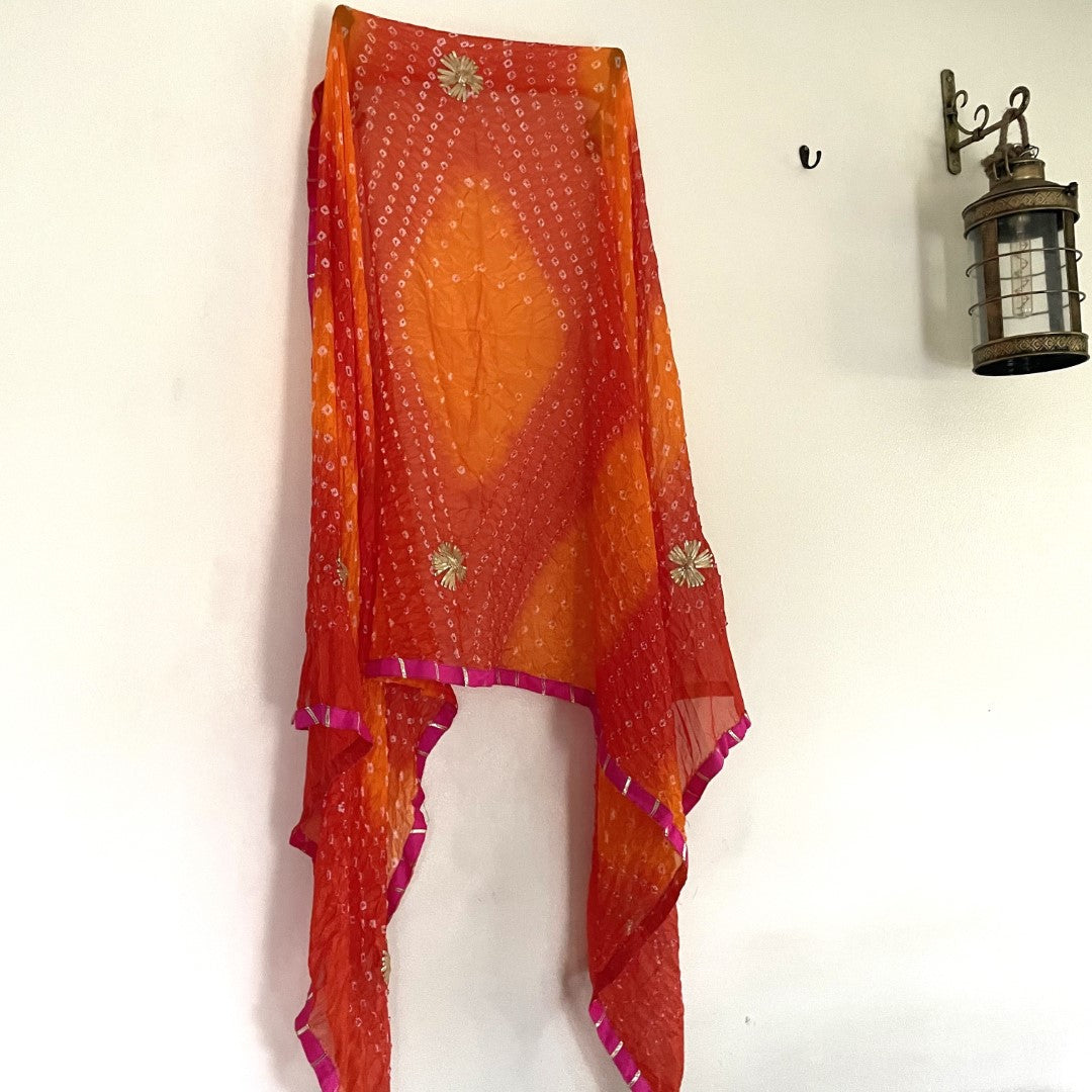 Bandhani Silk Dupatta with gota flowers and pink border