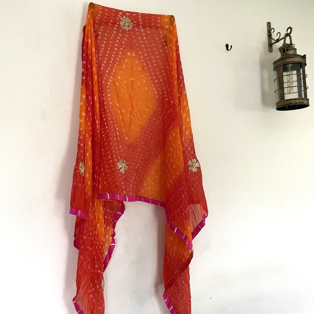 Bandhani Silk Dupatta with gota flowers and pink border
