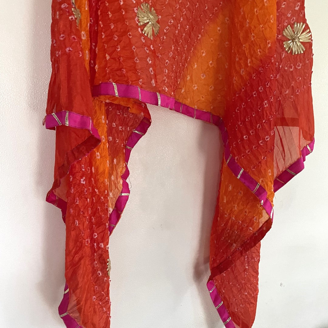 Bandhani Silk Dupatta with gota flowers and pink border