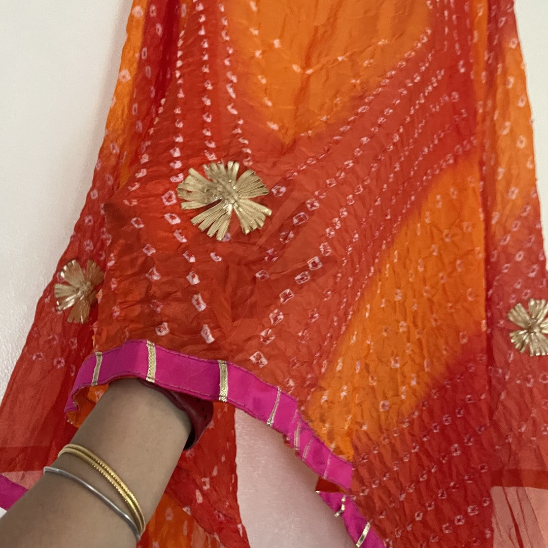 Bandhani Silk Dupatta with gota flowers and pink border
