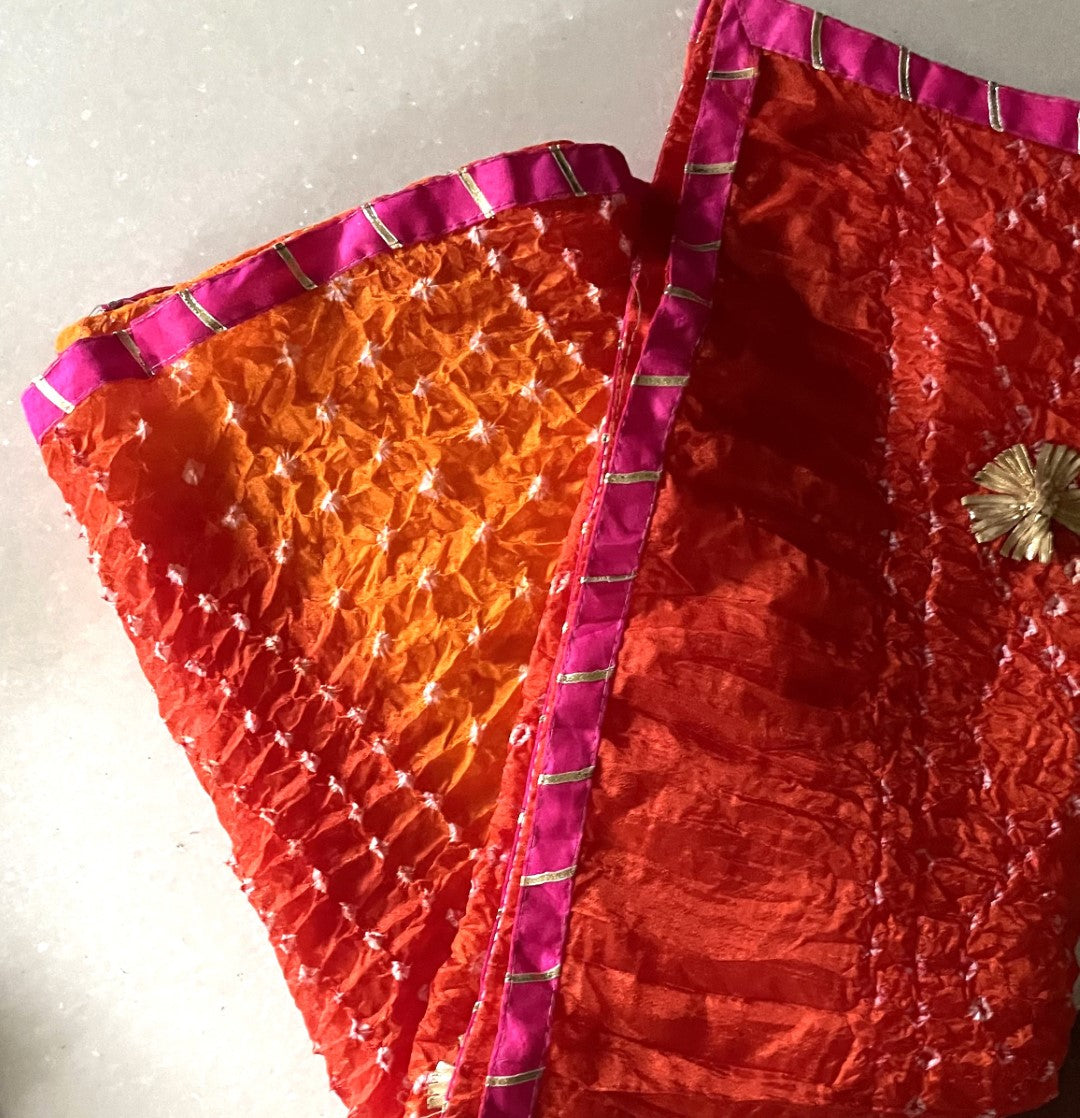 Bandhani Silk Dupatta with gota flowers and pink border