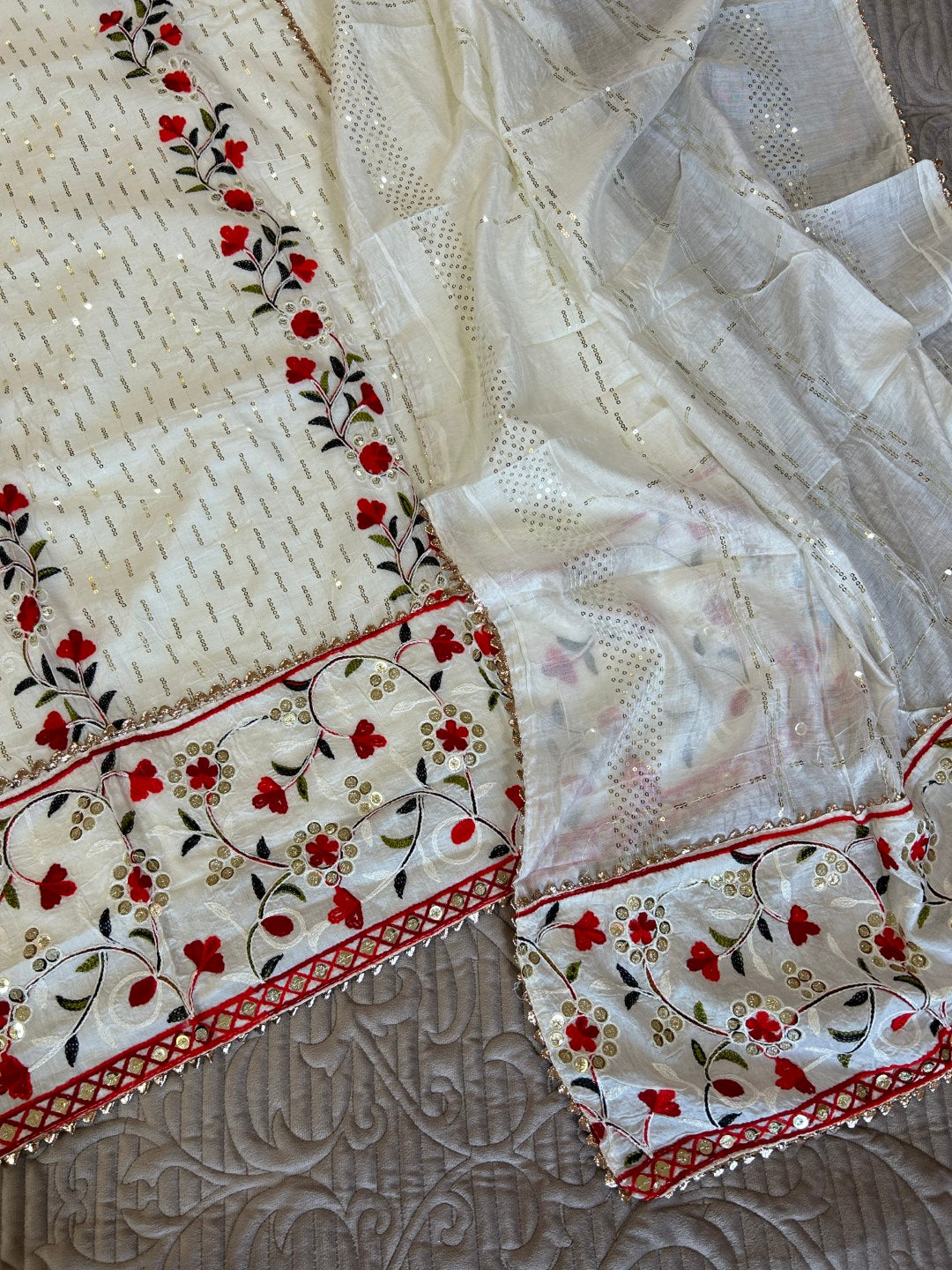 White Embroidered cotton salwar kameez material - Unstitched