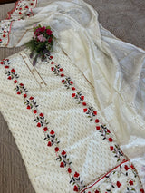 White Embroidered cotton salwar kameez material - Unstitched