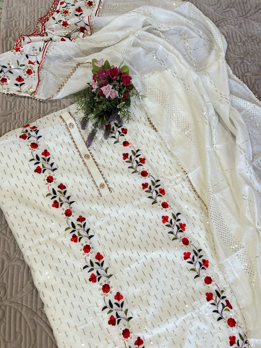 White Embroidered cotton salwar kameez material - Unstitched