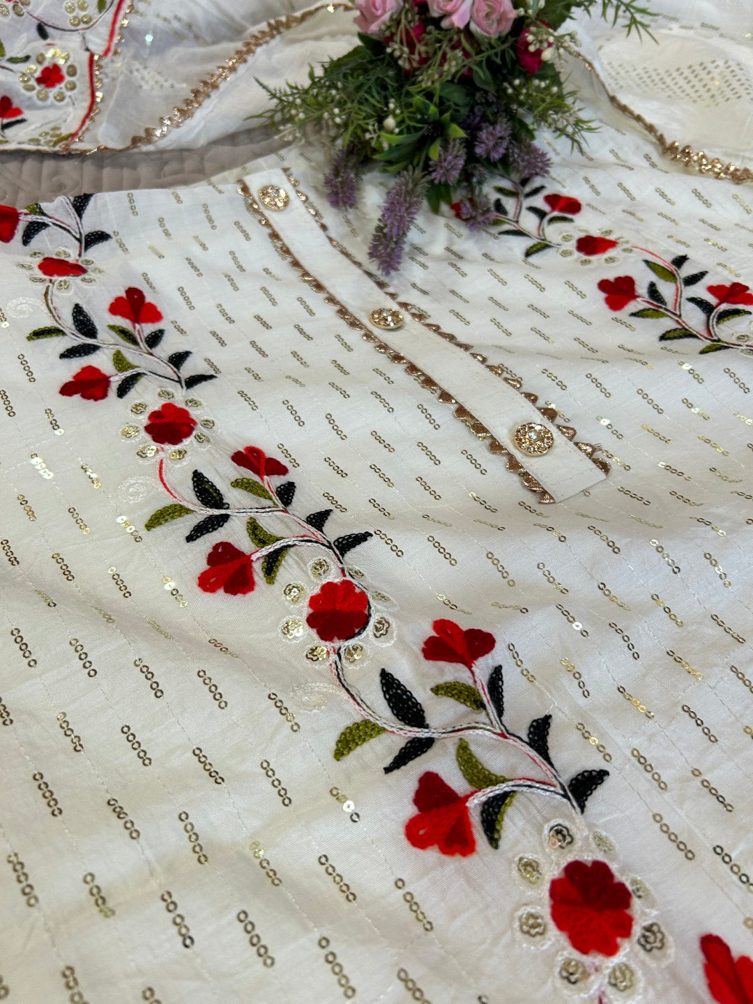 White Embroidered cotton salwar kameez material - Unstitched