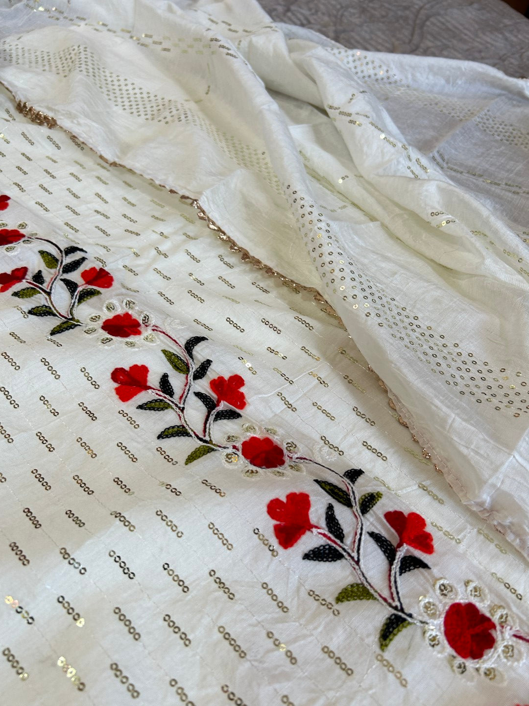 White Embroidered cotton salwar kameez material - Unstitched